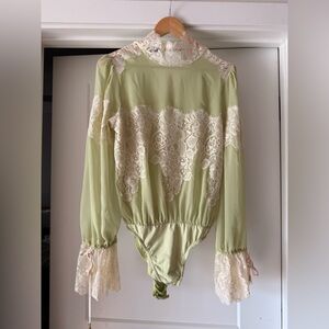 Chic Lace Accent Bodysuit in Light Green